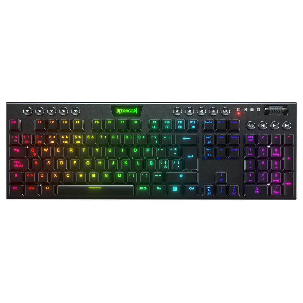 Teclado Redragon K618 Horus FS RGB SP RD Wireless Black Red Switch Español Bajo Perfil 100%