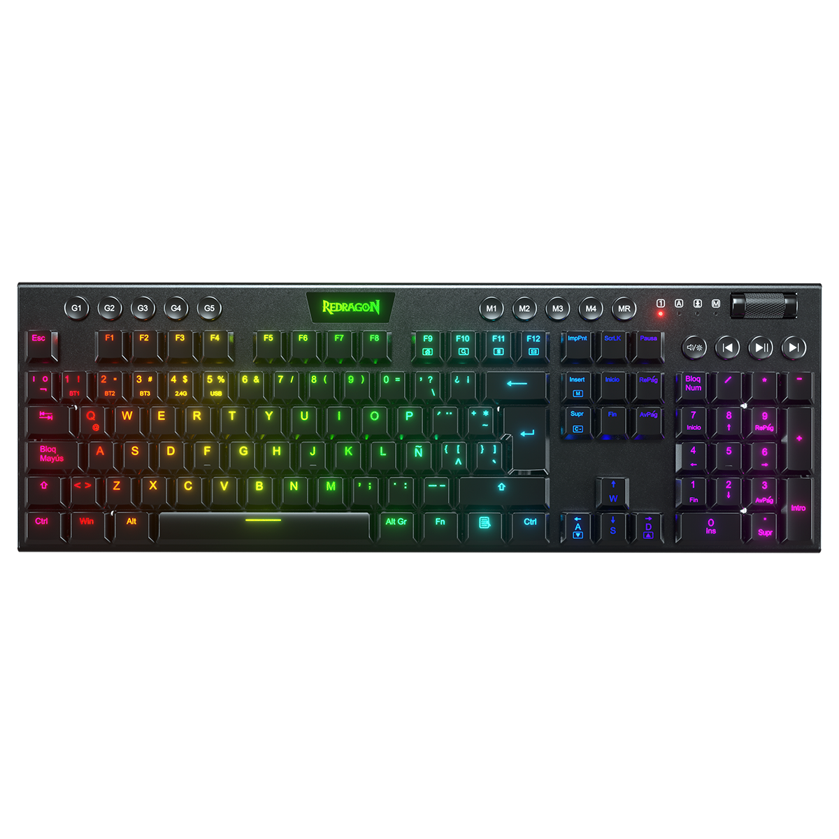 Teclado Redragon K618 Horus FS RGB SP RD Wireless Black Red Switch Español Bajo Perfil 100%