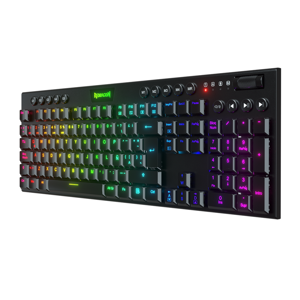 Teclado Redragon K618 Horus FS RGB SP RD Wireless Black Red Switch Español Bajo Perfil 100%
